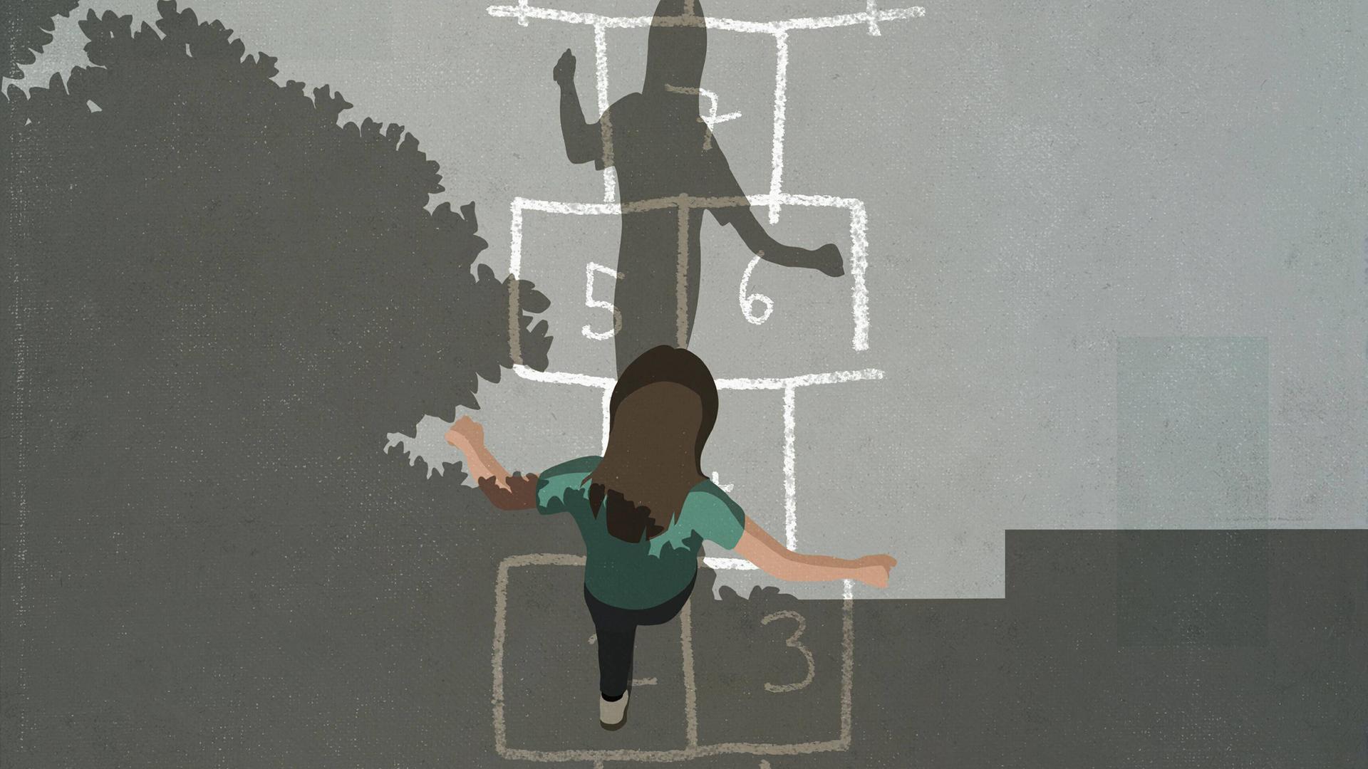 Illustration dreier Kinder, die "Himmel und Hölle" spielen. Auf dem Boden sind mit Kreide Kästchen und Zahlen aufgemalt. Eines der Kinder hüpft darauf. Illustration dreier Kinder, die "Himmel und Hölle" spielen. Auf dem Boden sind mit Kreide Kästchen und Zahlen aufgemalt. Eines der Kinder hüpft darauf.