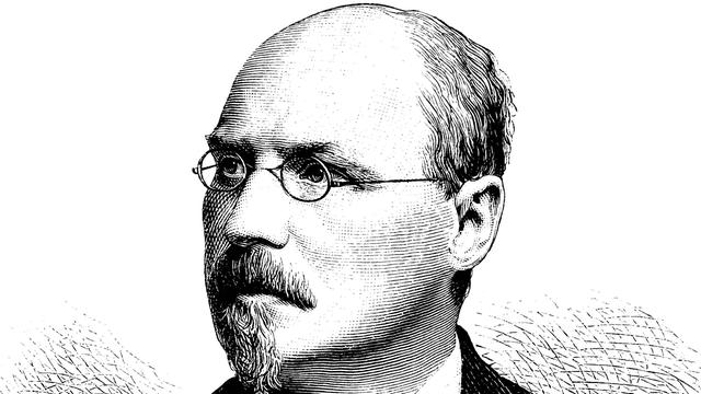Die Zeichnung eines Mannes, der einen Schnurr- und Kinnbart trägt und eine Brille mit kleinen Gläsern. Er trägt einen Anzug und blickt ernst. Es ist der Komponist Joseph Joachim Raff.