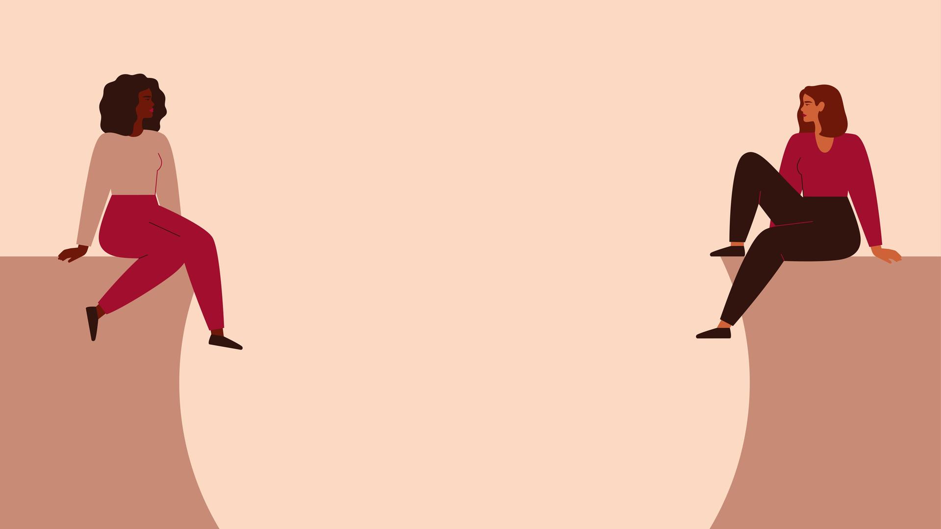 Illustration: Zwei Frauen sitzen sich gegenüber, dazwischen ein Abgrund in Sprechblasenform. Illustration: Zwei Frauen sitzen sich gegenüber, dazwischen ein Abgrund in Sprechblasenform.
