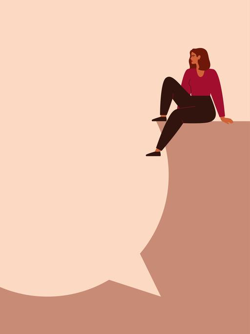 Illustration: Zwei Frauen sitzen sich gegenüber, dazwischen ein Abgrund in Sprechblasenform.