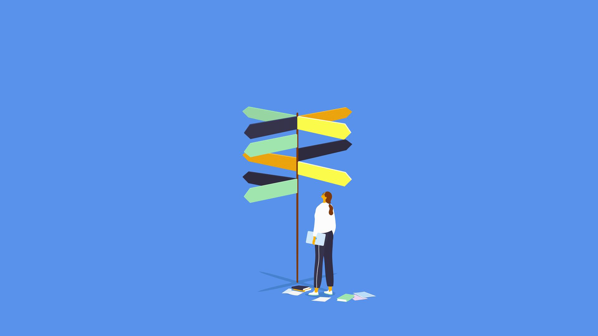 Illustration einer Frau die auf viele Richtungsentscheidungen auf einem Wegweiser schaut. Der Hintergrund ist blau. Illustration einer Frau die auf viele Richtungsentscheidungen auf einem Wegweiser schaut. Der Hintergrund ist blau.