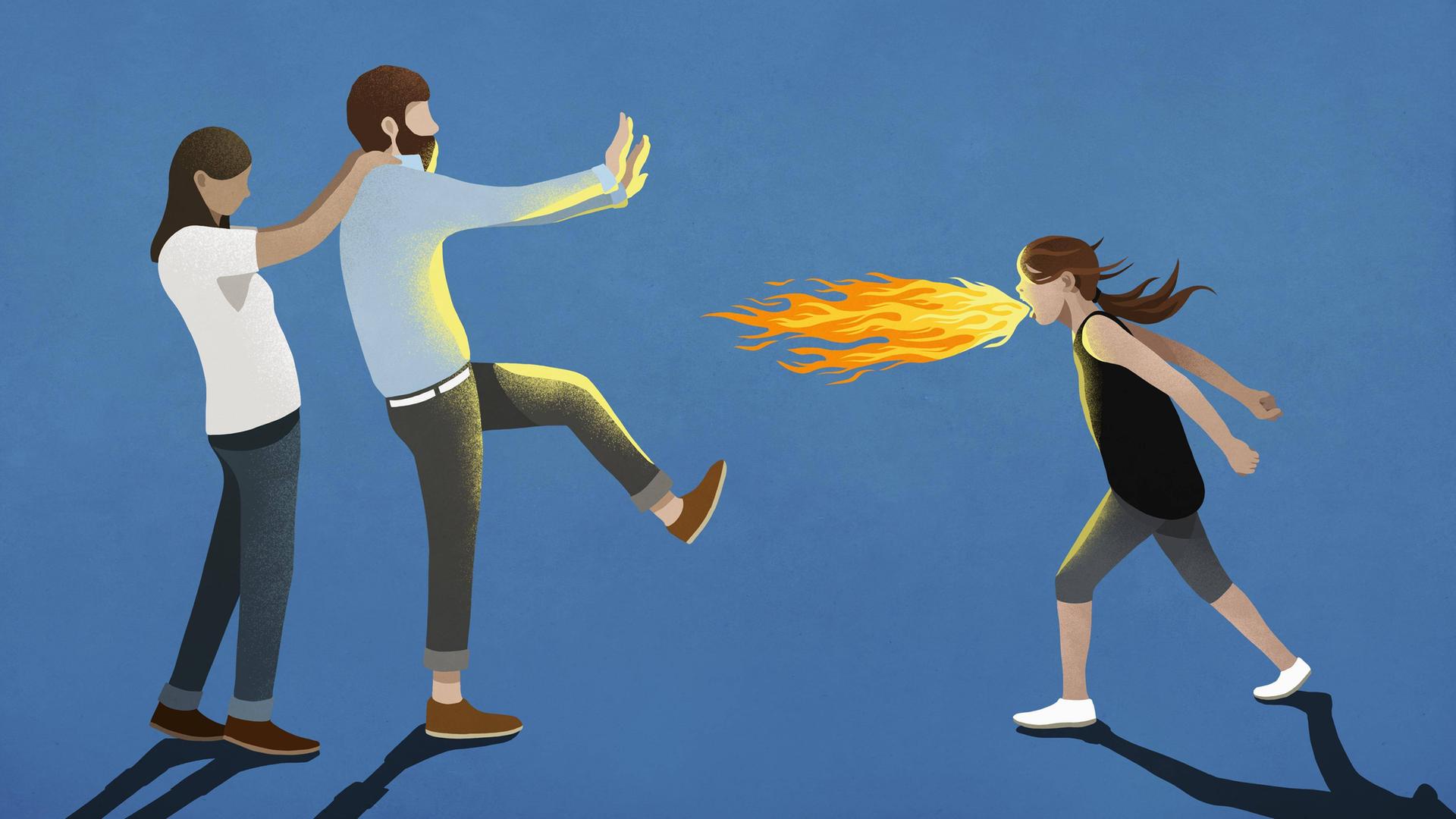 Illustration eines wütenden Kindes mit langen Haaren, das Feuer in Richtung zweier erwachsener Personen speit, die davor zurückweichen. Illustration eines wütenden Kindes mit langen Haaren, das Feuer in Richtung zweier erwachsener Personen speit, die davor zurückweichen.