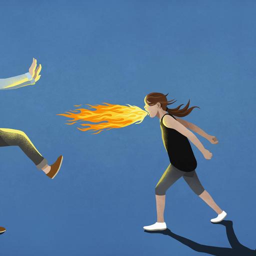 Illustration eines wütenden Kindes mit langen Haaren, das Feuer in Richtung zweier erwachsener Personen speit, die davor zurückweichen. 
