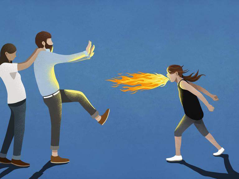 Illustration eines wütenden Kindes mit langen Haaren, das Feuer in Richtung zweier erwachsener Personen speit, die davor zurückweichen. 