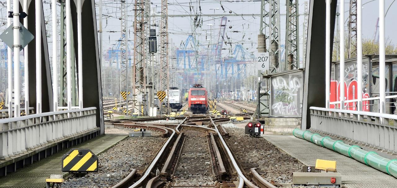 Blick von einer Eisenbahnbrücke auf das sich weit verzweigende Weichen- und Schienennetz im Hamburger Hafen, im Hintergrund Loks und ganz hinten die Containerbrücken Blick von einer Eisenbahnbrücke auf das sich weit verzweigende Weichen- und Schienennetz im Hamburger Hafen, im Hintergrund Loks und ganz hinten die Containerbrücken