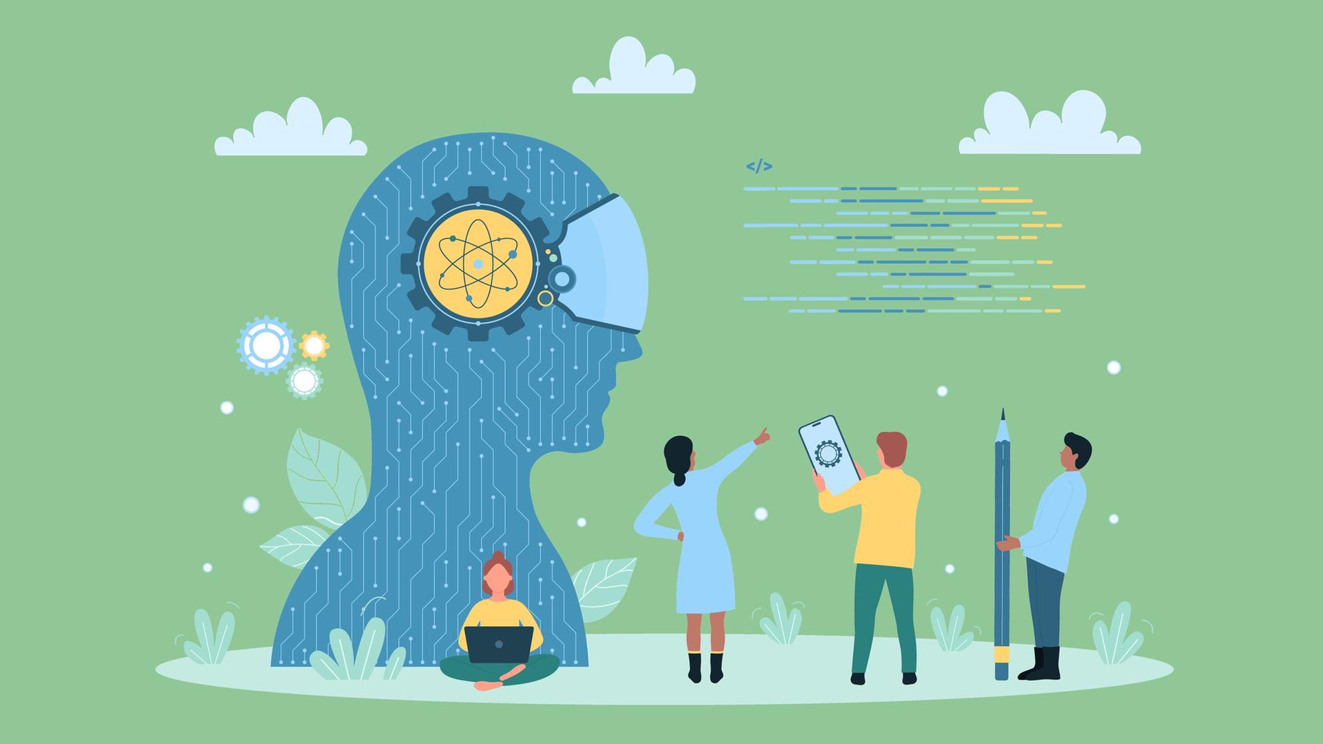 Künstliche Intelligenz als Vektor-Illustration. Eine intelligente KI dargestellt als übergroße Silhouette eines Gehirns. Drumherum in kleinerer Darstellung Menschen mit Handy, Laptop und Stift. Künstliche Intelligenz als Vektor-Illustration. Eine intelligente KI dargestellt als übergroße Silhouette eines Gehirns. Drumherum in kleinerer Darstellung Menschen mit Handy, Laptop und Stift.
