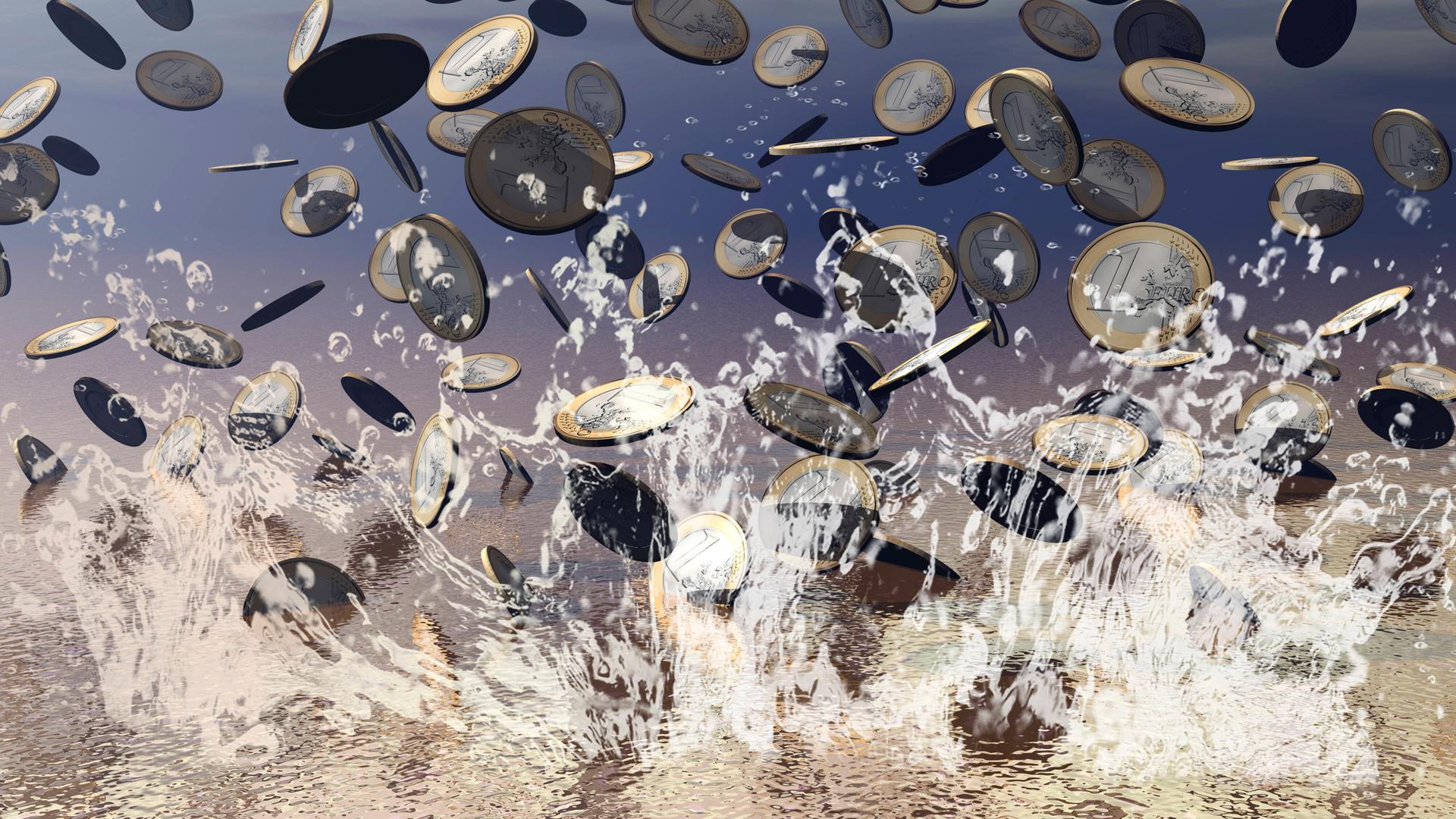 Digitale Illustration vieler Ein-Euro-Münzen, die vom Himmel regnen und ins Wasser platschen.