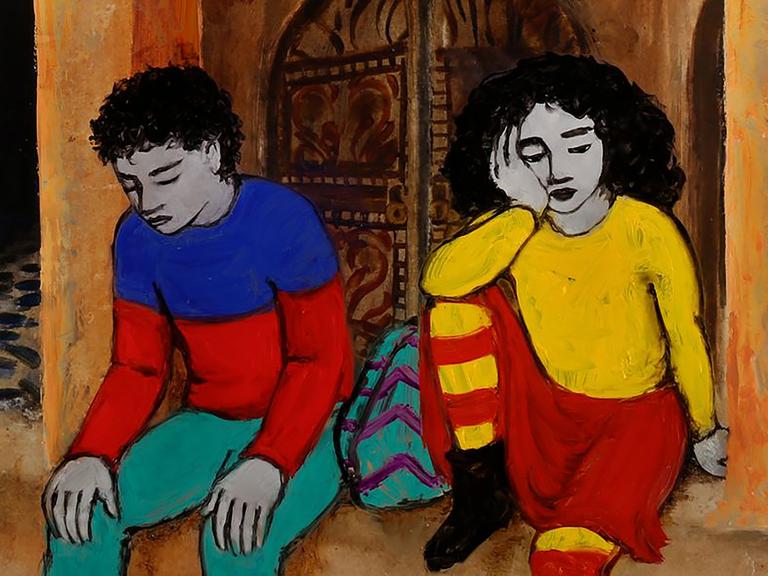 Eine farbenfrohe Illustration von einem Mädchen und einem Jungen, die nebeneinander sitzen und in Gedanken versunken sind.