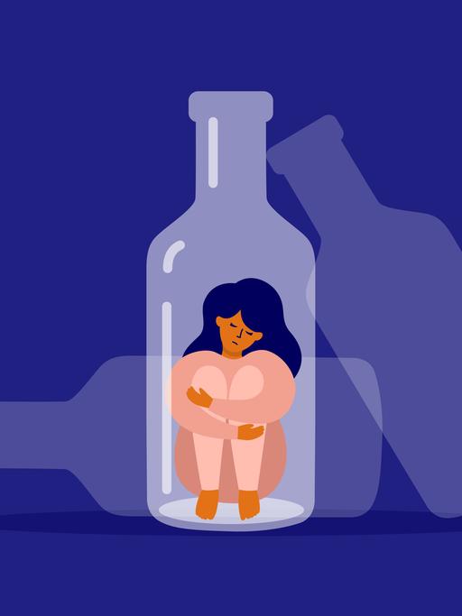 Illustration von drei leeren Flaschen. In einer sitzt eine Frau, die mit ihren Armen ihre Knie umschließt. 