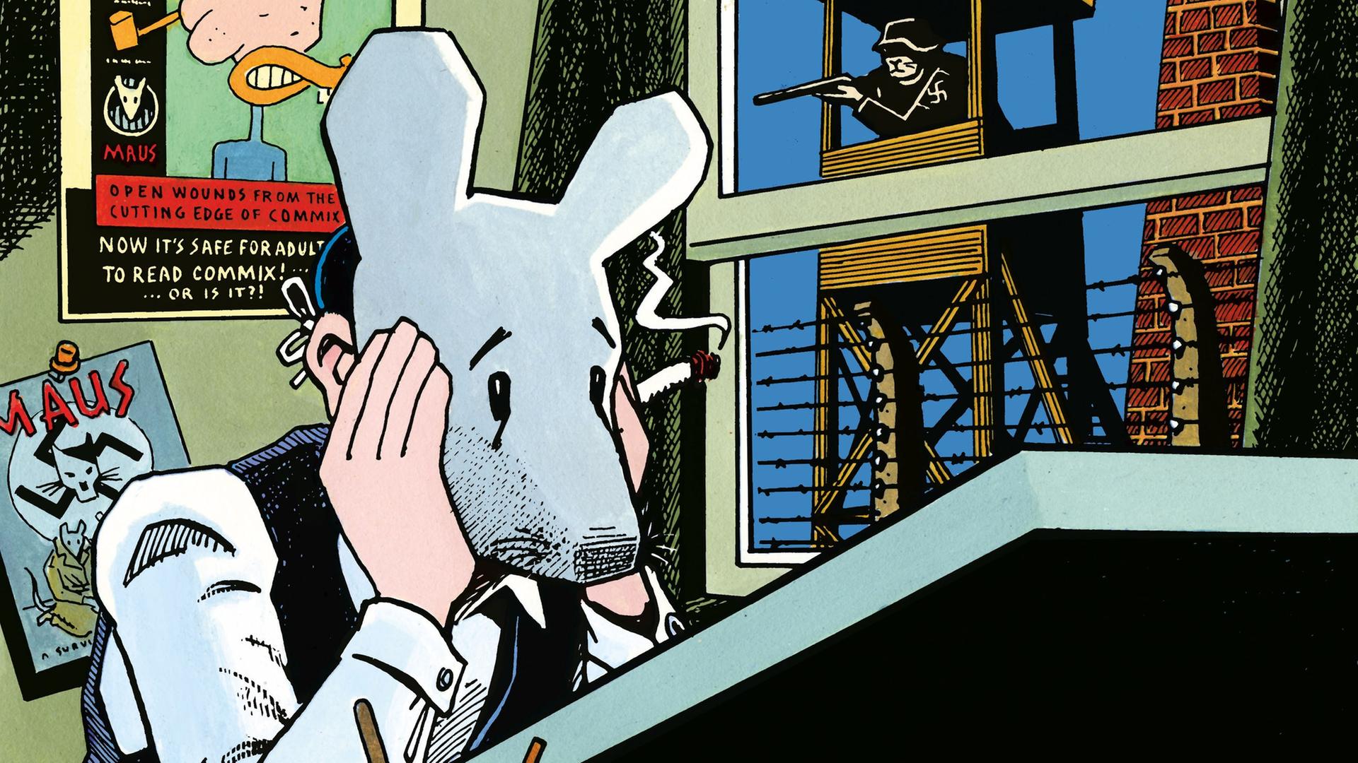 Eine Zeichnung aus den berühmten "Maus"-Büchern von Art Spiegelman. Eine Maus sitzt am Zeichentisch und stützt das Gesicht in die Hände. Spiegelman hat sich in dem Comic selbst als Maus dargestellt. Eine Zeichnung aus den berühmten "Maus"-Büchern von Art Spiegelman. Eine Maus sitzt am Zeichentisch und stützt das Gesicht in die Hände. Spiegelman hat sich in dem Comic selbst als Maus dargestellt.
