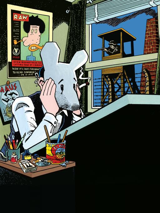 Eine Zeichnung aus den berühmten "Maus"-Büchern von Art Spiegelman. Eine Maus sitzt am Zeichentisch und stützt das Gesicht in die Hände. Spiegelman hat sich in dem Comic selbst als Maus dargestellt.