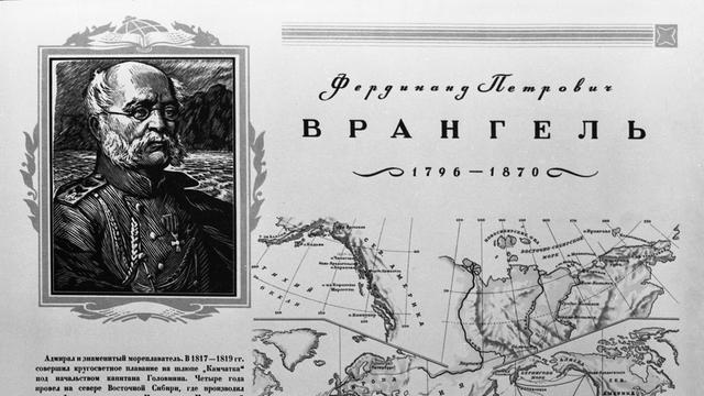 Porträt des  deutschbaltischen Admiral Ferdinand von Wrangel vor einem Ausschnit, der von ihm erstellten, ersten genauen Karte der ostsibirischen Küste