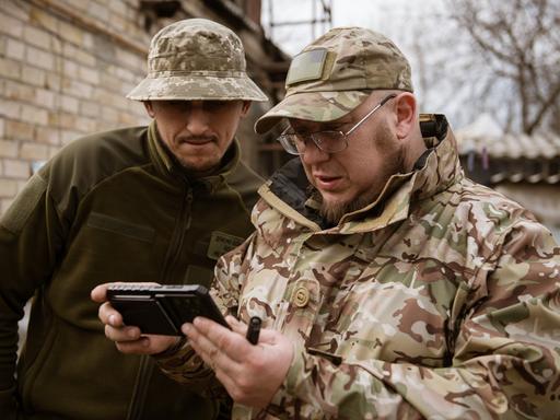 Zwei ukrainische Soldaten betrachten ein Handyvideo von Drohnenangriffen.
