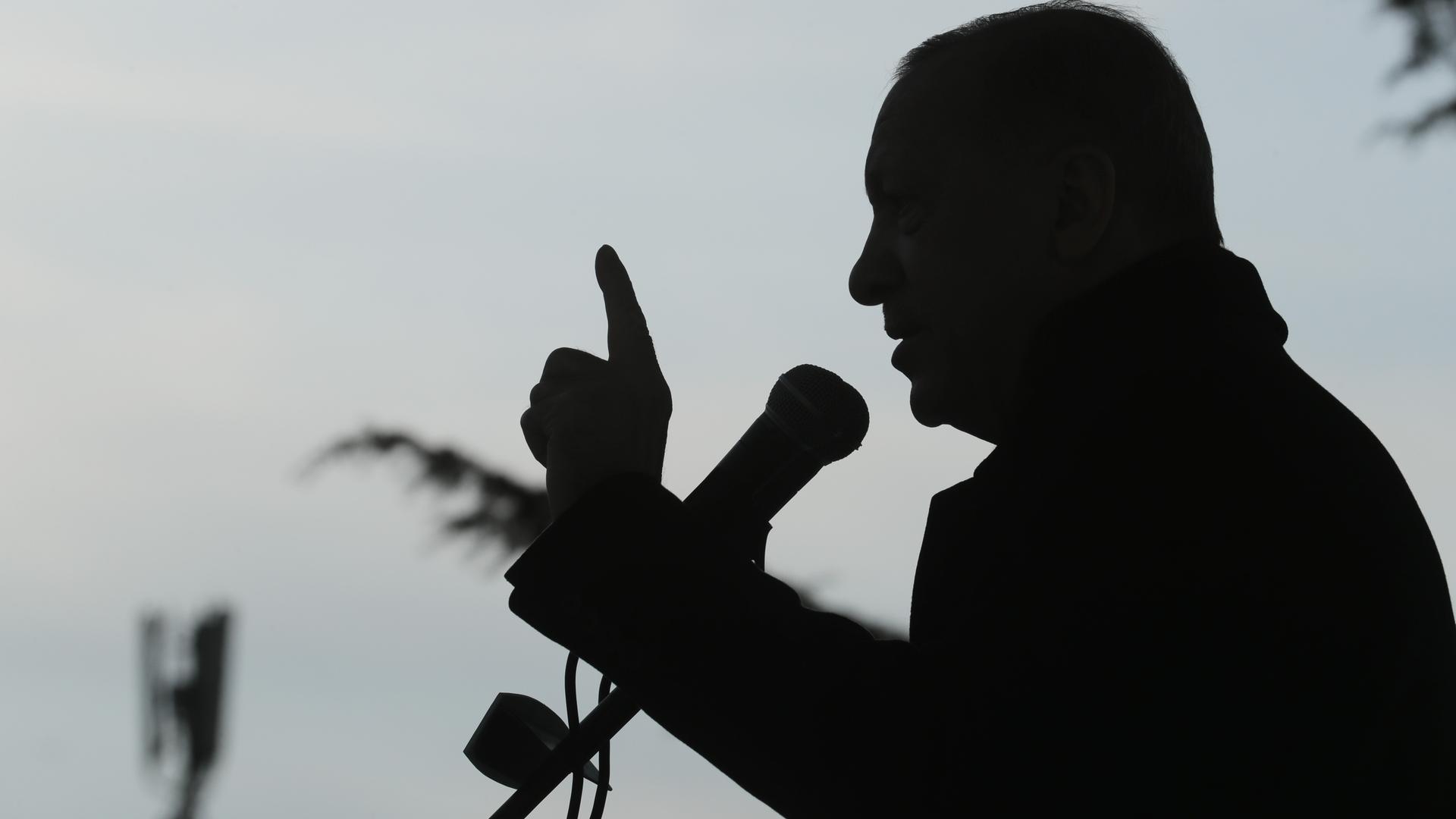 Schattenriss von Recep Tayyip Erdogan mit erhobenem Zeigefinger und Mikrofon.