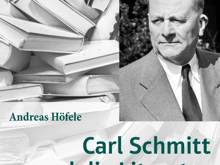 Der Umschlag eines Buches zeigt Carl Schmitt und gestapelte Bücher