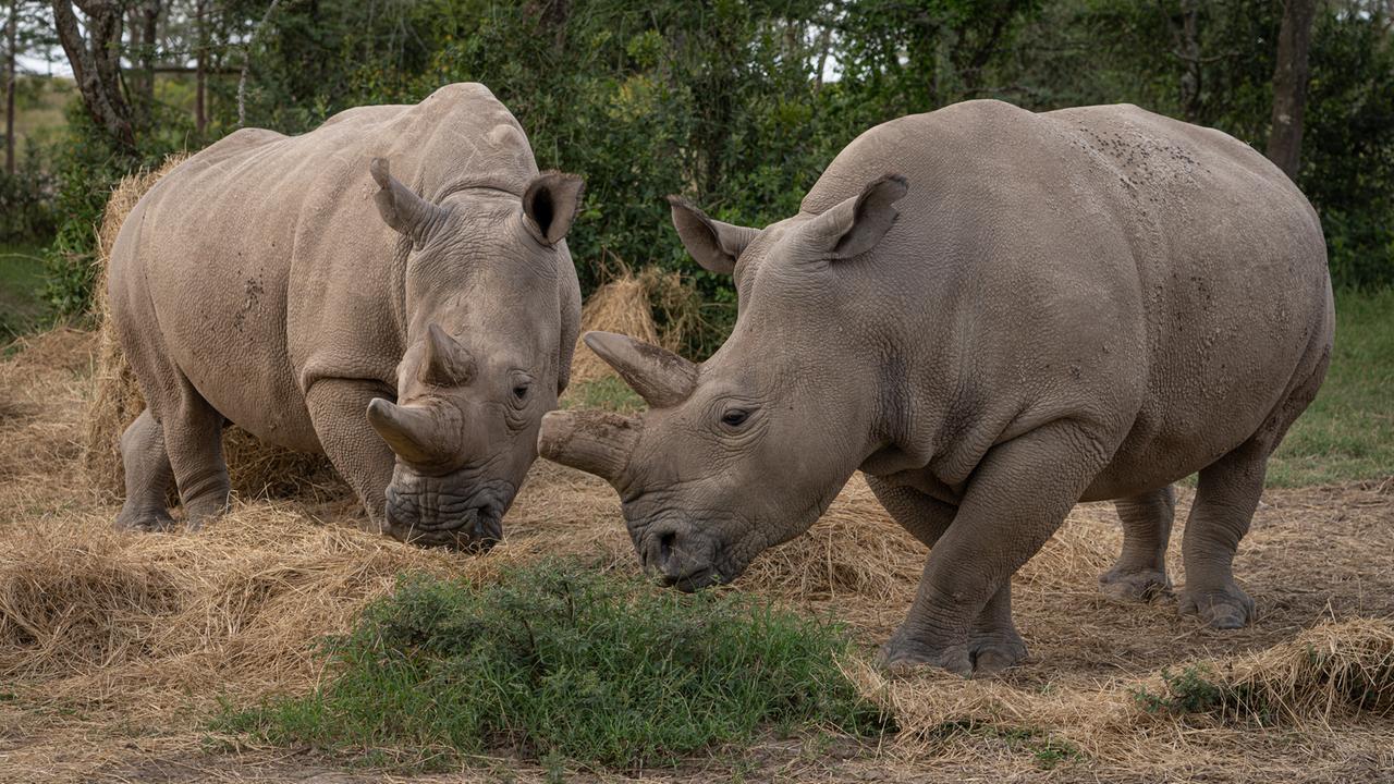 Die letzten beiden Nördlichen Breitmaulnashörner Fatu und Najin im Naturschutz-Reservat Ol Pejeta in Kenia Die letzten beiden Nördlichen Breitmaulnashörner Fatu und Najin im Naturschutz-Reservat Ol Pejeta in Kenia