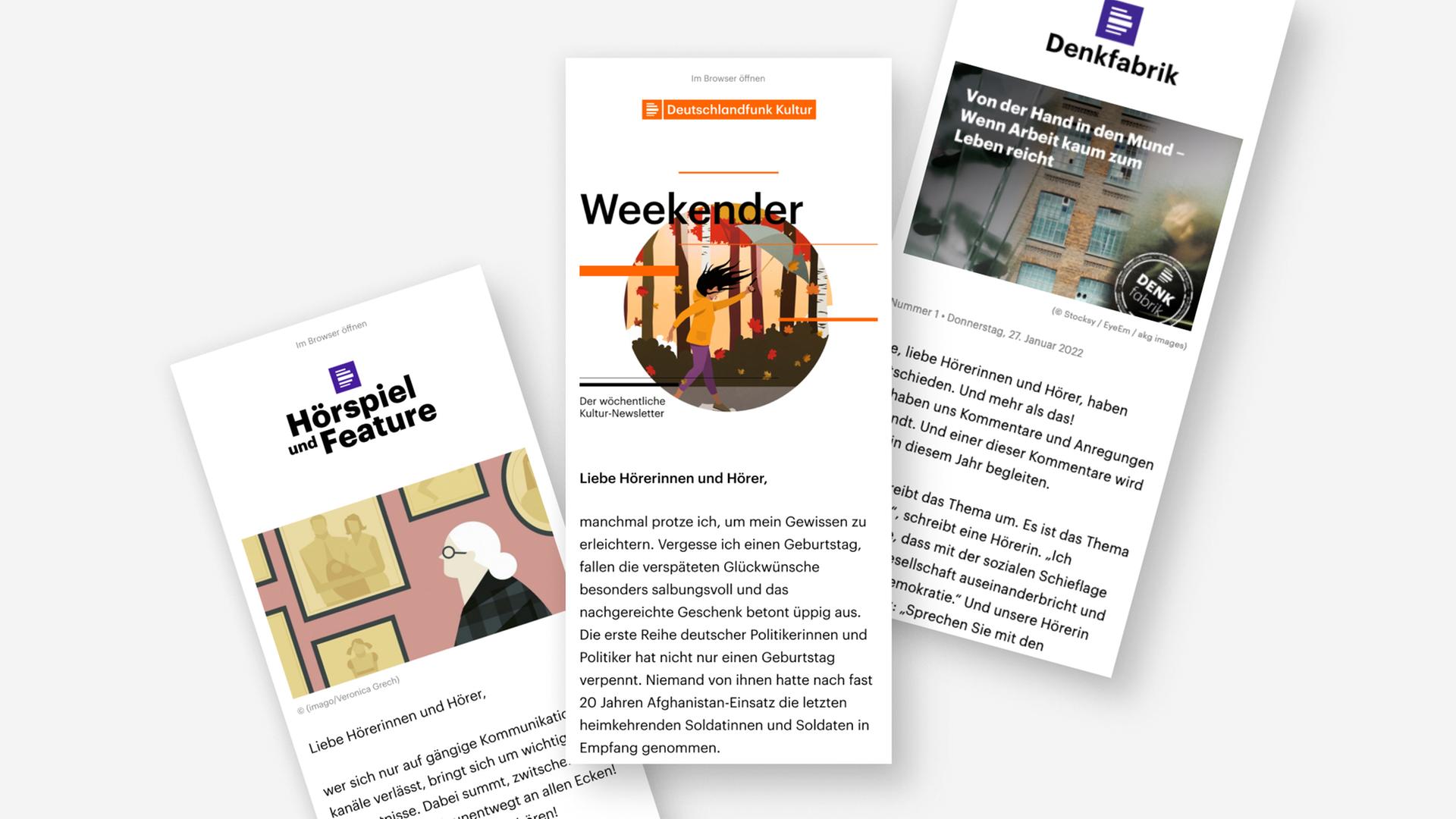 Die Newsletter von Deutschlandfunk und Deutschlandfunk Kultur: Weekender, Denkfabrik und Hörspiel + Feature Die Newsletter von Deutschlandfunk und Deutschlandfunk Kultur: Weekender, Denkfabrik und Hörspiel + Feature