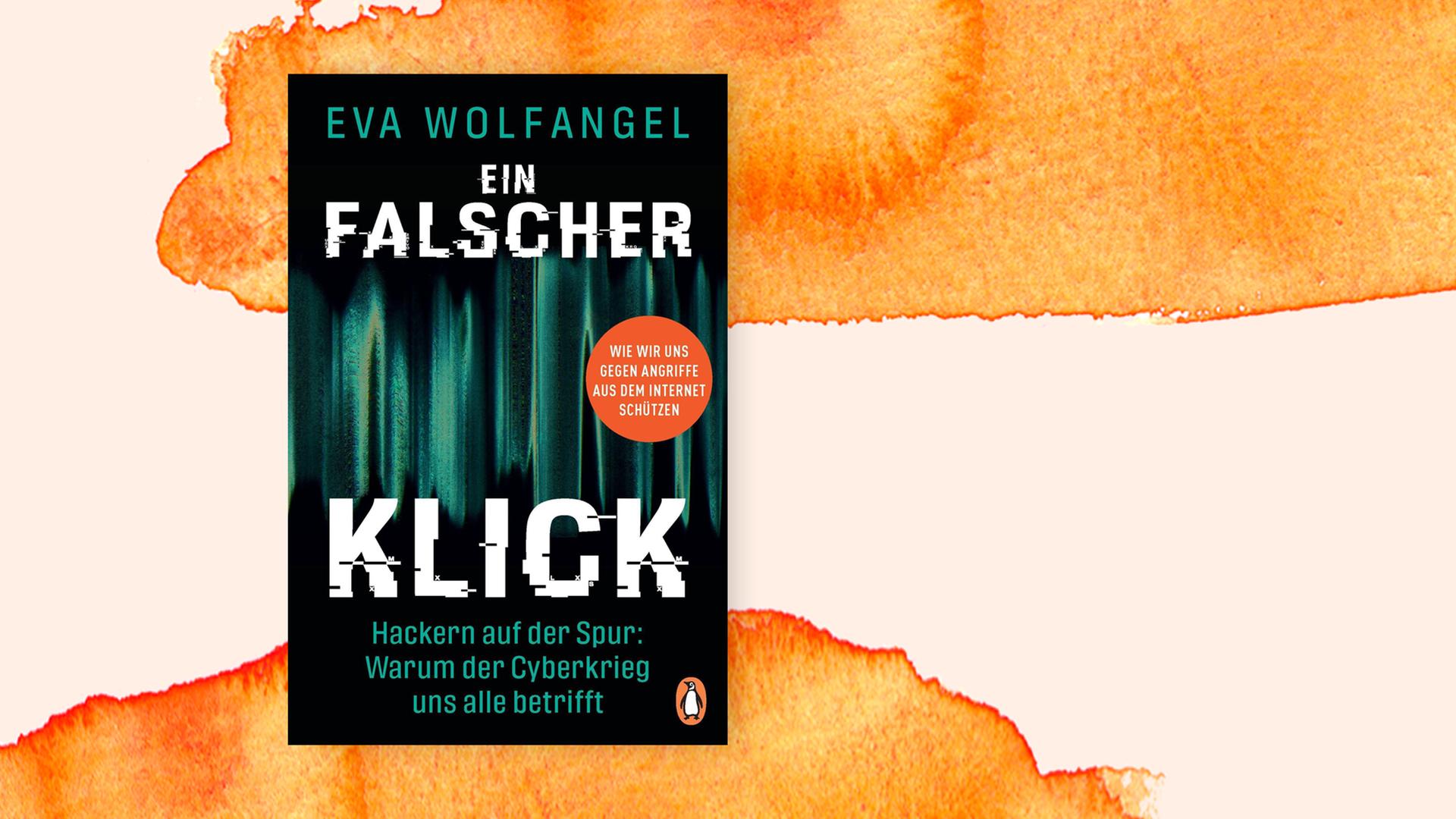 Cover des Buches "Ein falscher Klick" von Eva Wolfangel. Die Grundfarbe des Covers ist Schwarz, darauf grüne, senkrechte Spuren, die an Nordlichter erinnern und vermutlich die Bewegungen im Netz visualisieren sollen. 
