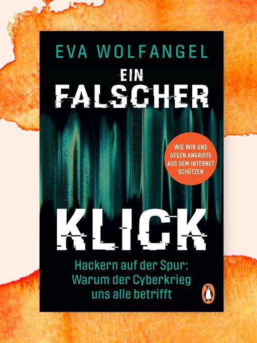 Cover des Buches "Ein falscher Klick" von Eva Wolfangel. Die Grundfarbe des Covers ist Schwarz, darauf grüne, senkrechte Spuren, die an Nordlichter erinnern und vermutlich die Bewegungen im Netz visualisieren sollen. 