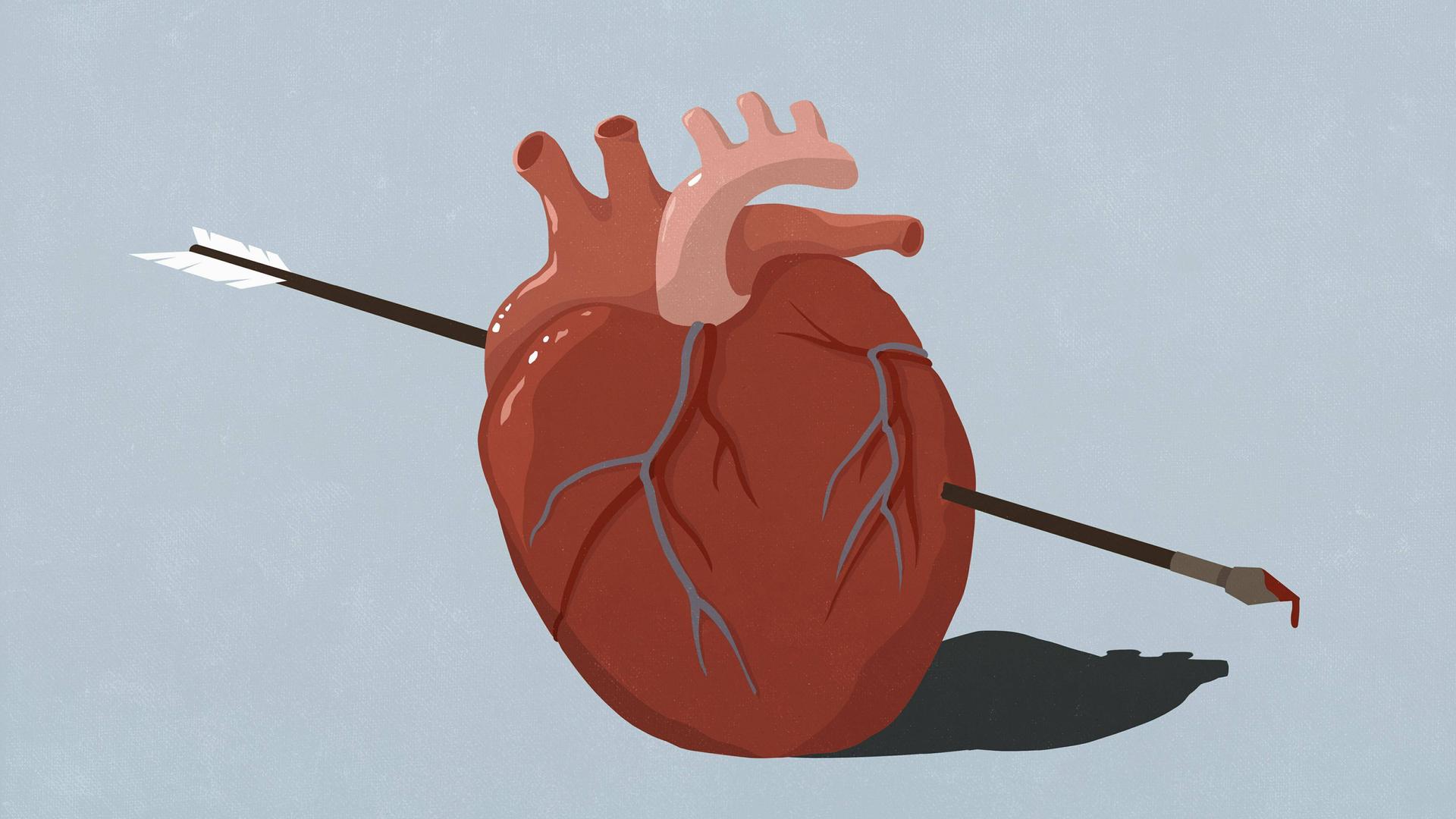 Illustration von einem Pfeil, der durch ein Herz schießt. Blut tropft von der Spitze. Illustration von einem Pfeil, der durch ein Herz schießt. Blut tropft von der Spitze.