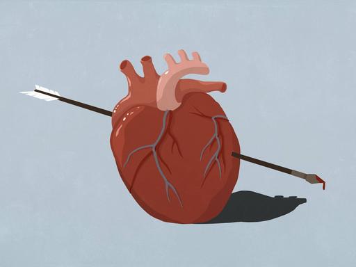 Illustration von einem Pfeil, der durch ein Herz schießt. Blut tropft von der Spitze.