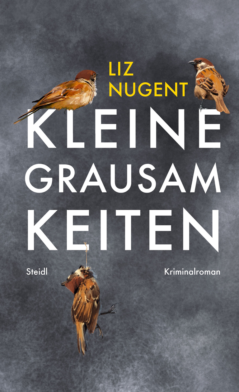 Auf dem Titel des Buchcovers sitzen zwei Vögel, an einem unteren Buchstaben hängt ein erhängter Vogel. Auf dem Titel des Buchcovers sitzen zwei Vögel, an einem unteren Buchstaben hängt ein erhängter Vogel.