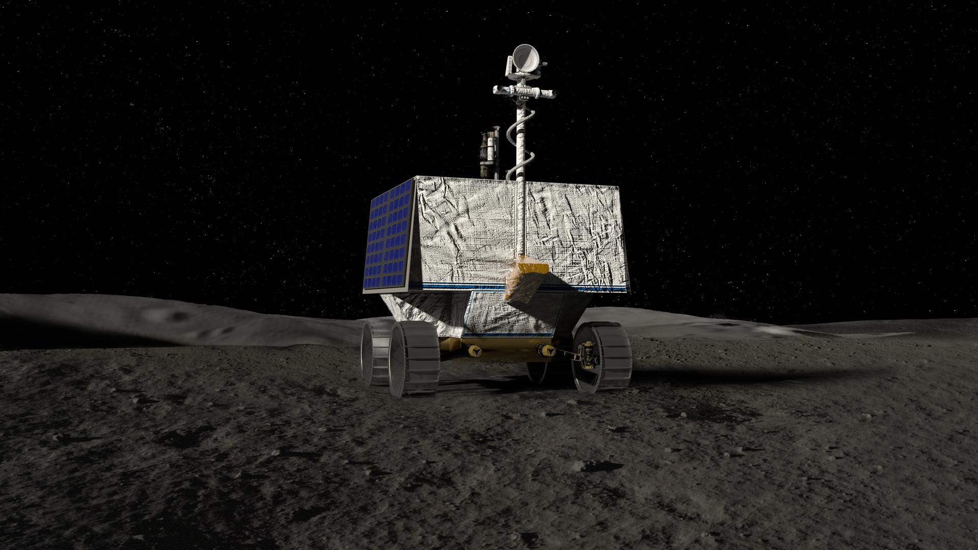 Der Rover der VIPER-Mission unterwegs in der Nähe des Mondsüdpols (Illustration) Der Rover der VIPER-Mission unterwegs in der Nähe des Mondsüdpols (Illustration)