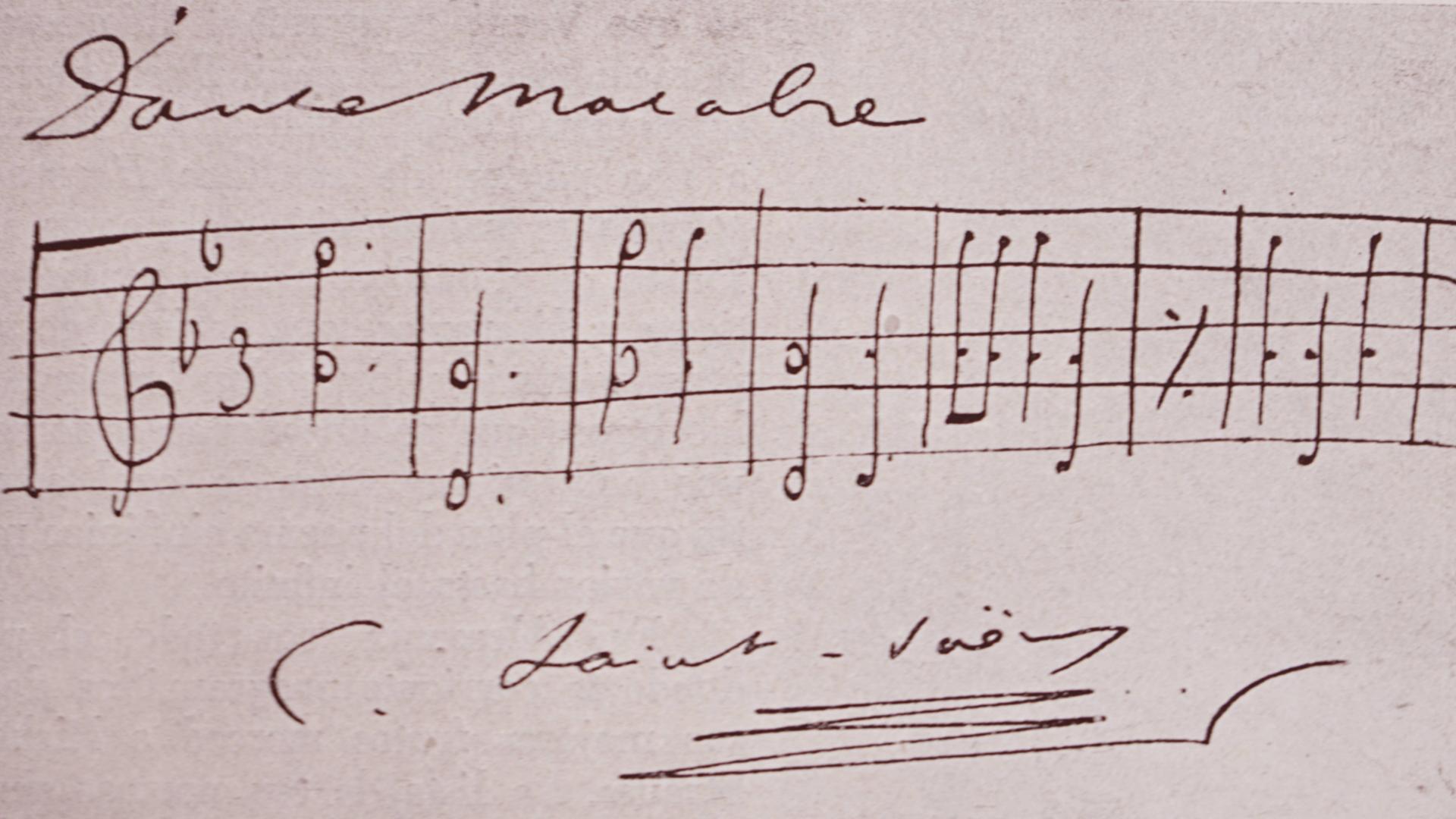 Handschriftlich notierte Noten, mit dem Titel "Danse macabre", aufgeschrieben vom französischen Komponisten Camille Saint-Saëns. Handschriftlich notierte Noten, mit dem Titel "Danse macabre", aufgeschrieben vom französischen Komponisten Camille Saint-Saëns.