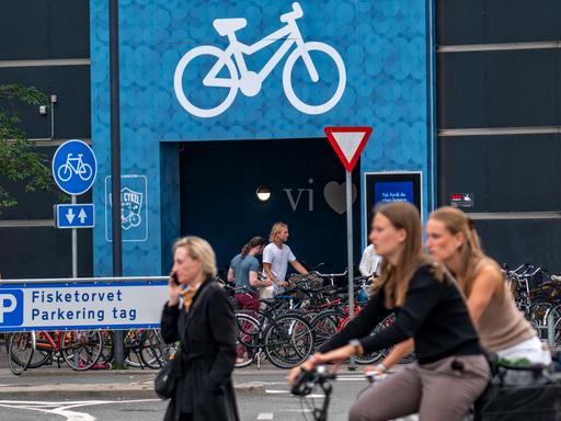 Radfahrer auf Radwegen, Fahrradparkhaus am Einkaufszentrum Fisketorvet, Sydhavnen, in der Innenstadt von Kopenhagen, gil