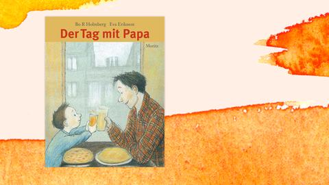 Ein Buchcover mit einer Illustration zeigt einen Jungen und einen Mann, die sich beim Essen mit ihren Getränken zuprosten. Das Cover ist vor einem grafischen Hintergrund zu sehen.