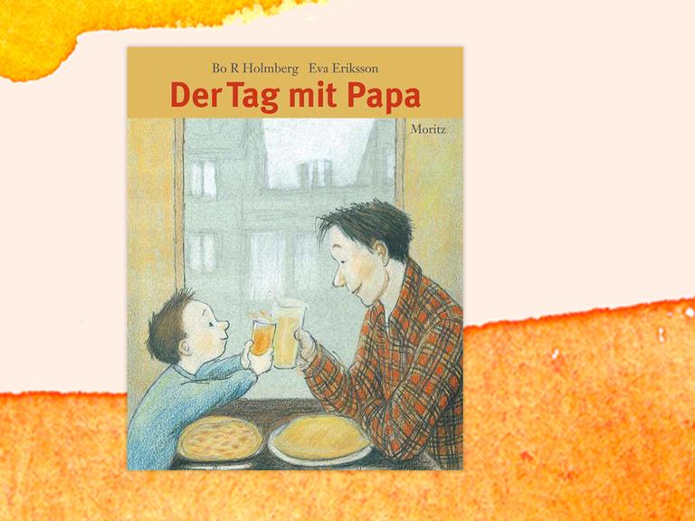 Ein Buchcover mit einer Illustration zeigt einen Jungen und einen Mann, die sich beim Essen mit ihren Getränken zuprosten. Das Cover ist vor einem grafischen Hintergrund zu sehen.