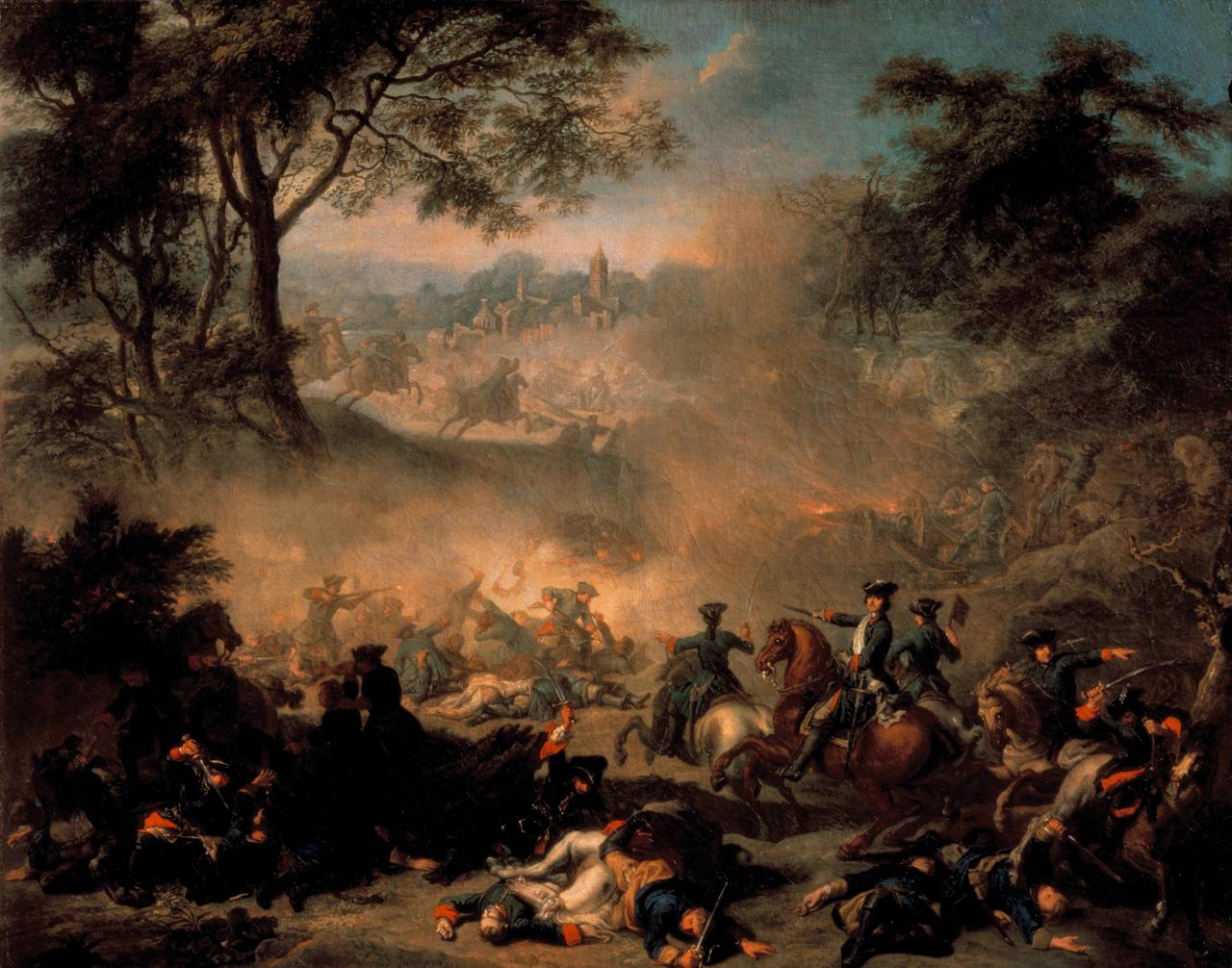 Ein Gemälde zeigt Soldaten auf Pferden und zu Fuß in der Schlacht: Gemälde von der Schlacht bei Poltawa 1709. Ein Gemälde zeigt Soldaten auf Pferden und zu Fuß in der Schlacht: Gemälde von der Schlacht bei Poltawa 1709.