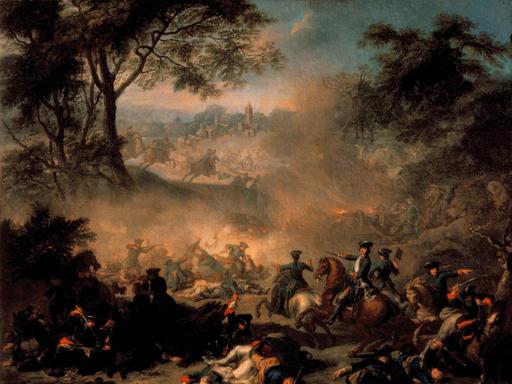 Ein Gemälde zeigt Soldaten auf Pferden und zu Fuß in der Schlacht: Gemälde von der Schlacht bei Poltawa 1709. Ein Gemälde zeigt Soldaten auf Pferden und zu Fuß in der Schlacht: Gemälde von der Schlacht bei Poltawa 1709.