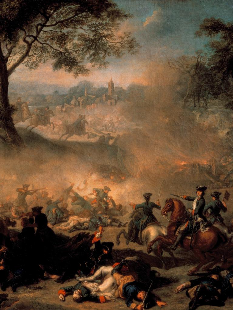 Ein Gemälde zeigt Soldaten auf Pferden und zu Fuß in der Schlacht: Gemälde von der Schlacht bei Poltawa 1709. Ein Gemälde zeigt Soldaten auf Pferden und zu Fuß in der Schlacht: Gemälde von der Schlacht bei Poltawa 1709.