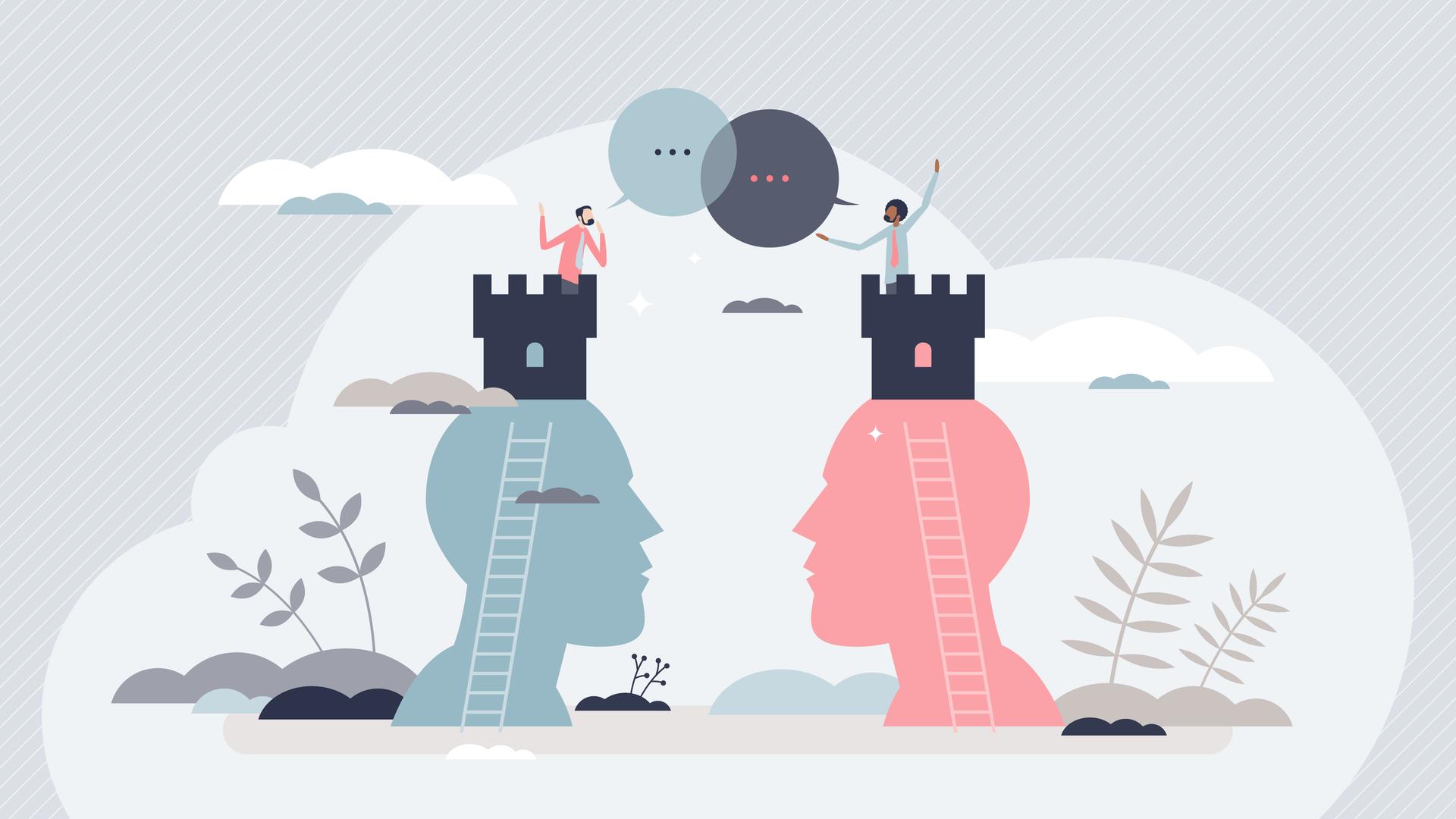 Illustration mit zwei Personen, die sich von Burgtürmen Dinge zurufen. Politische Polarisierung und gegensätzliche Meinungen widersprechen dem Konzept des winzigen Menschen. Illustration mit zwei Personen, die sich von Burgtürmen Dinge zurufen. Politische Polarisierung und gegensätzliche Meinungen widersprechen dem Konzept des winzigen Menschen.
