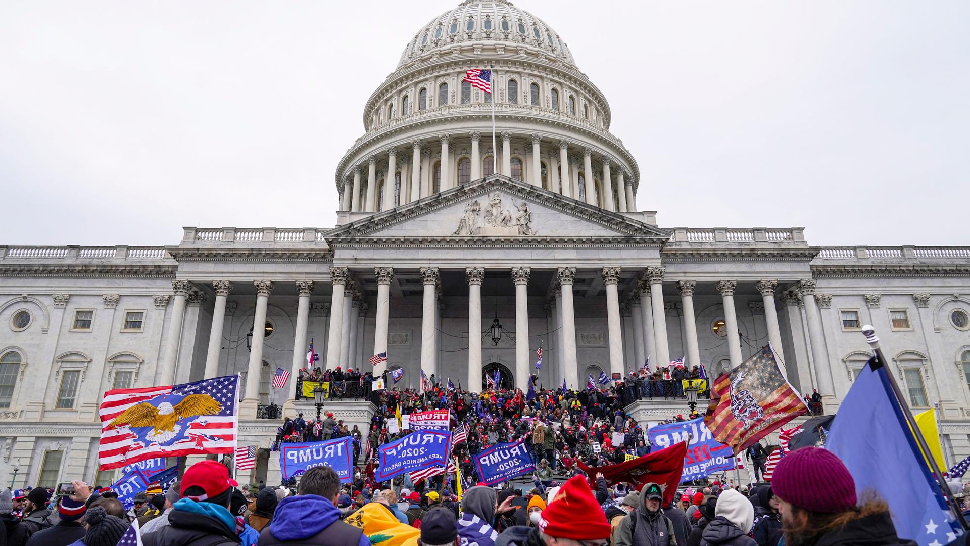 Eine grosse Gruppe von Trump Anhänger halten "Stop The Steal" Protestschilder bei der Erstürmung des Kapitols in Washington am 6. Januar 2021, am Tag als Joe Biden als neuer Präsident gewählt wurde. Eine grosse Gruppe von Trump Anhänger halten "Stop The Steal" Protestschilder bei der Erstürmung des Kapitols in Washington am 6. Januar 2021, am Tag als Joe Biden als neuer Präsident gewählt wurde.