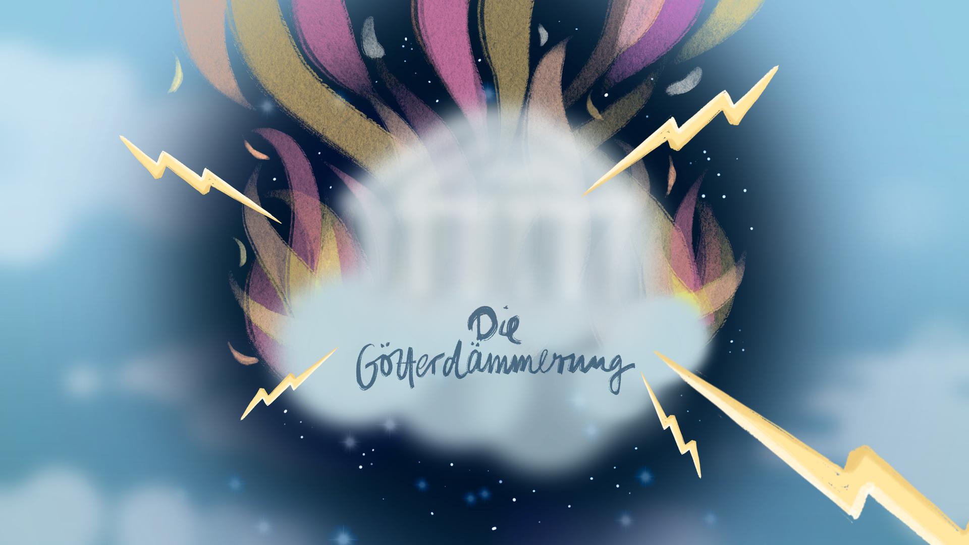 Illustration zeigt eine Wolke mit Blitzen und dem Text "Götterdämmerung". Illustration zeigt eine Wolke mit Blitzen und dem Text "Götterdämmerung".