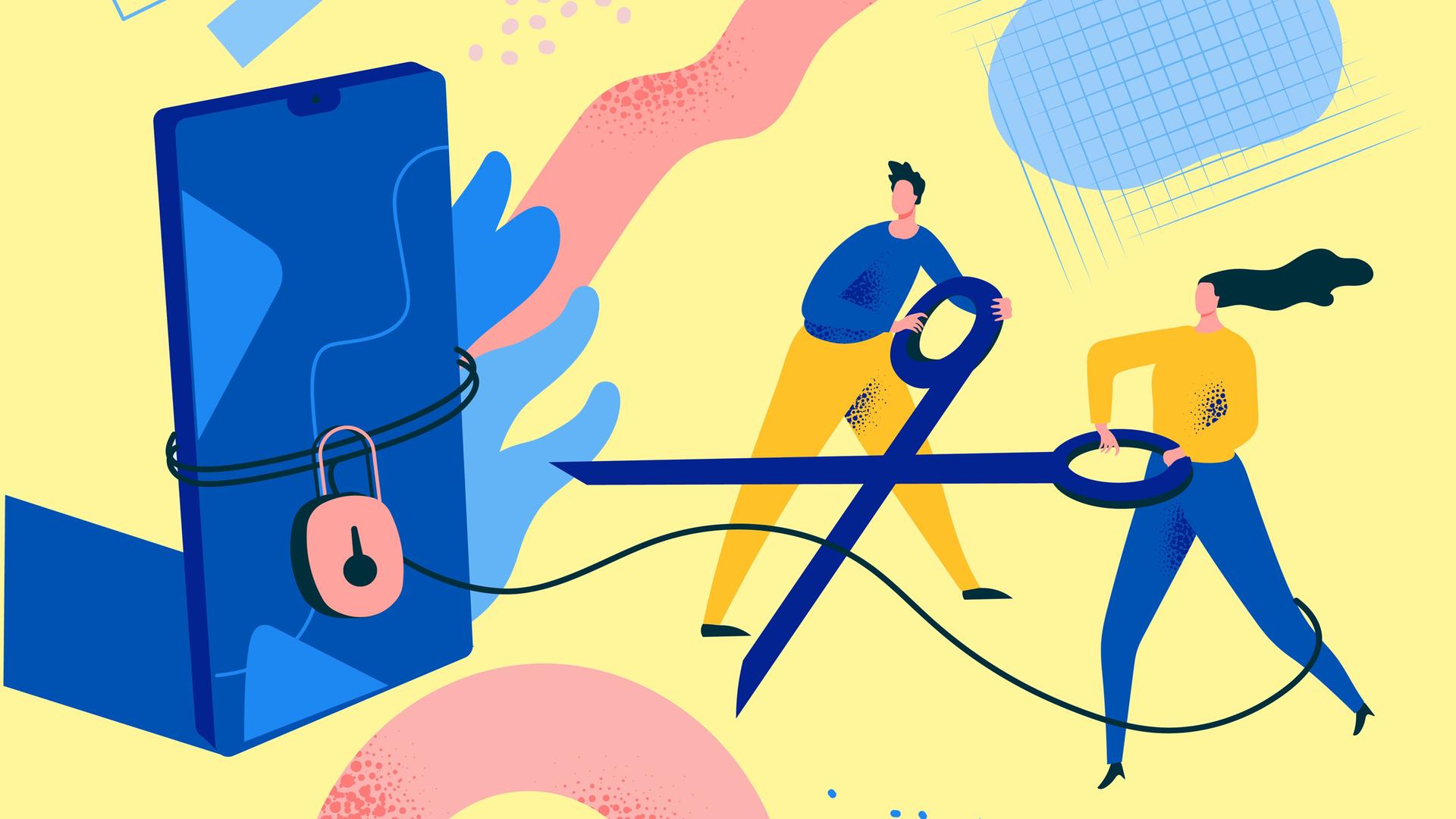 Grafix für Digital Detox. Zu sehen ist die illustrative Darstellung einer Frau und eines Mannes mit einer überdimensionalen Schere. Daneben ein ebenso großes Mobiltelefon, das mit einem Schloss versehen ist. Grafix für Digital Detox. Zu sehen ist die illustrative Darstellung einer Frau und eines Mannes mit einer überdimensionalen Schere. Daneben ein ebenso großes Mobiltelefon, das mit einem Schloss versehen ist.