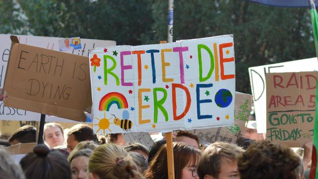 Demonstration während des globalen Klimastreiks mit Papptransparent mit der Aufschrift "Rettet die Erde".