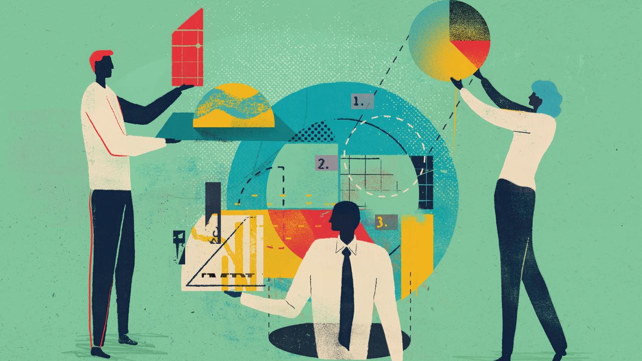 Illustration: Wissenschaftler bei einer Problemlösung. Menschen die Zahlendiagrammen und geometrischen Formen in der Hand haben.