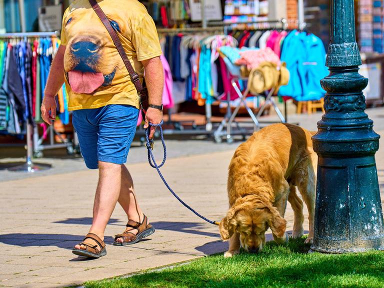 Ein Mann mit dem Bild seines Hundes auf dem T-Shirt geht mit seinem Hund spazieren.