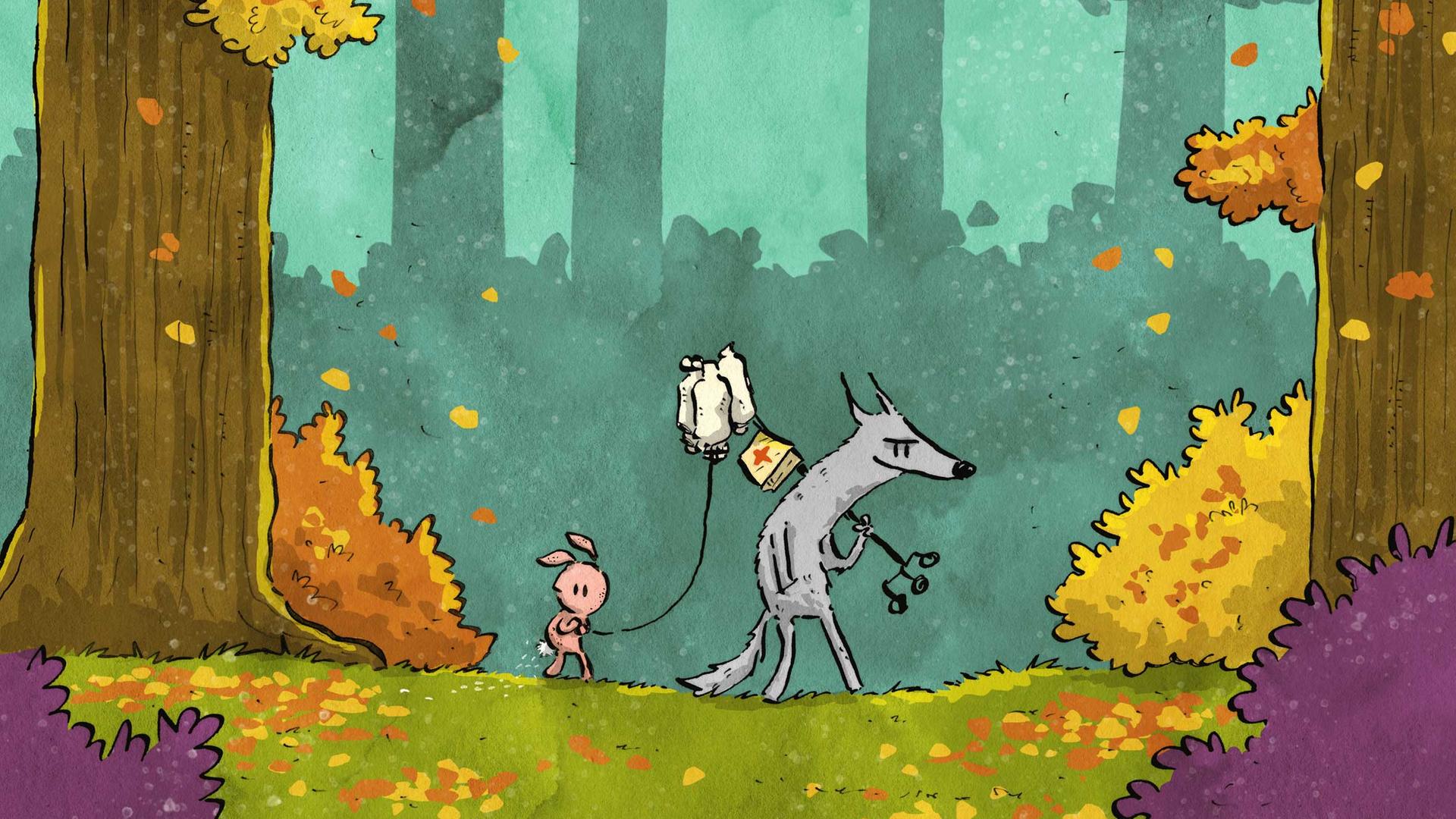 Seite aus dem Comic "Trip mit Tropf" von Josephine Mark. Zu sehen sind ein Hase mit einem Tropf sowie ein Wolf in einem Wald. Seite aus dem Comic "Trip mit Tropf" von Josephine Mark. Zu sehen sind ein Hase mit einem Tropf sowie ein Wolf in einem Wald.