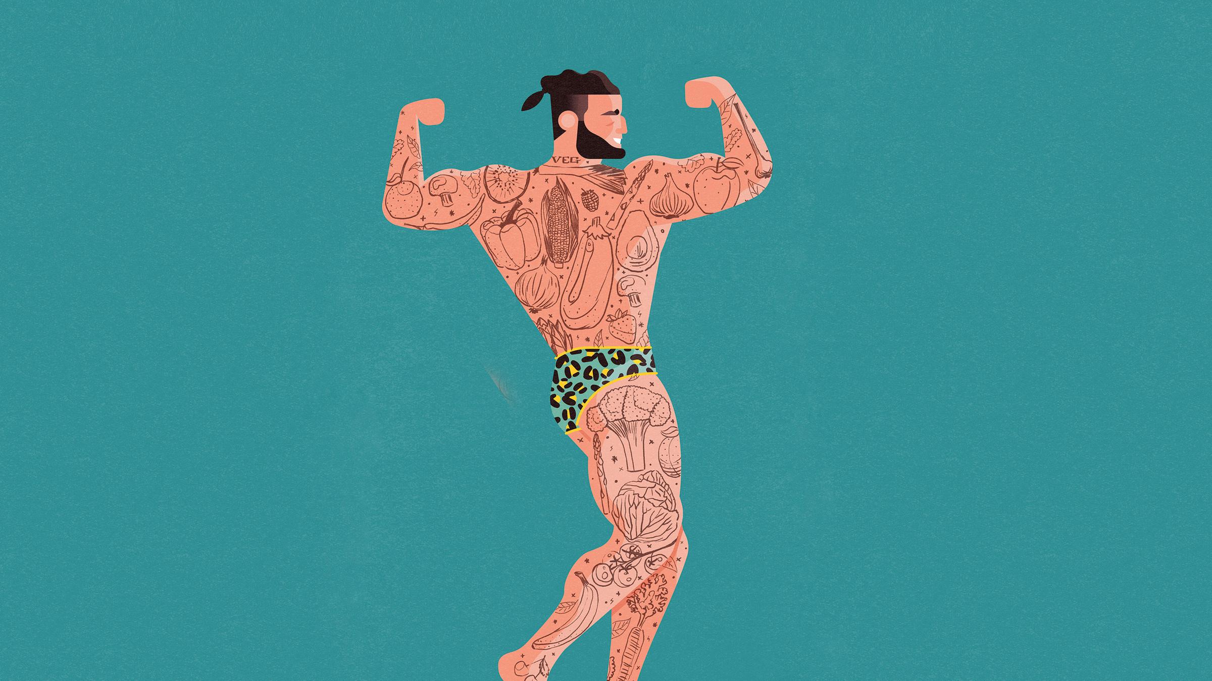 Illustration eines Bodybuilders mit Obst- und Gemüsetattoos vor türkise...</p>

                        <a href=