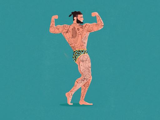 Illustration eines Bodybuilders mit Obst- und Gemüsetattoos vor türkisem Hintergrund.