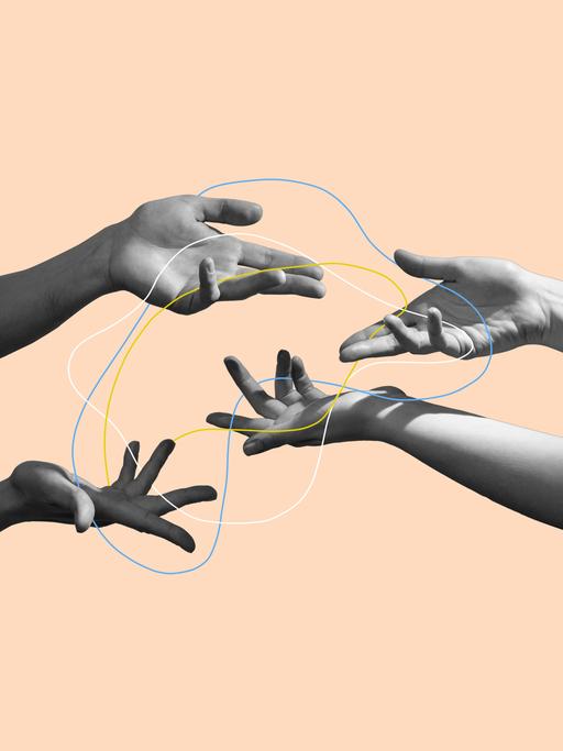 Hände die miteinander verschiedene Fäden verbinden.
