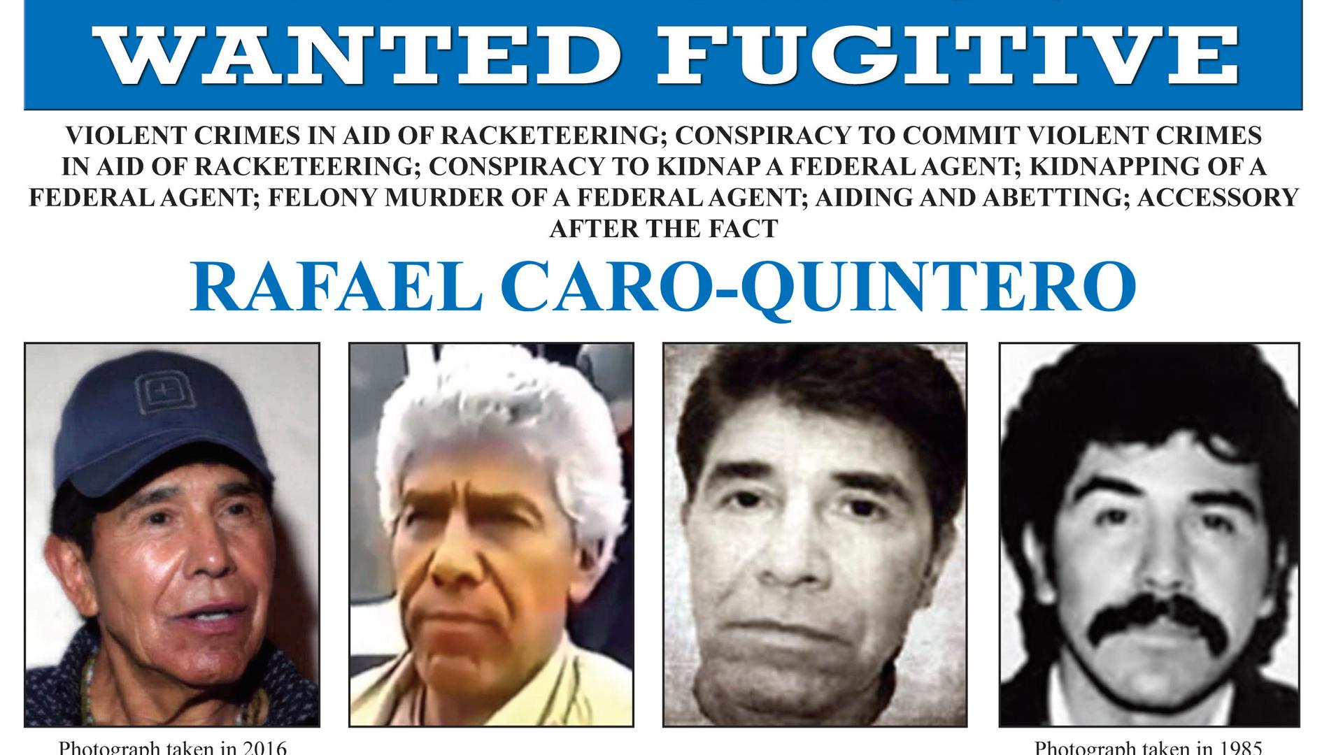 Auf einem Fahndungsplakat des FBI sind mehrere Fotos von Rafael Caro Quintero zu sehen.