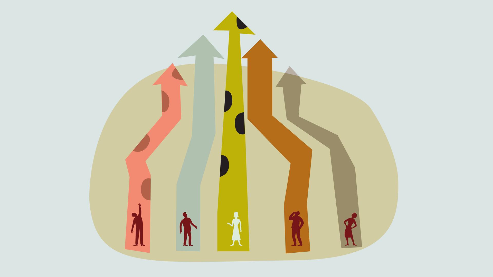 Illustration von Menschen, die in bunten Pfeilen stehen, welche sich nach oben ragen. Illustration von Menschen, die in bunten Pfeilen stehen, welche sich nach oben ragen.