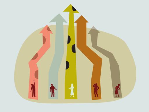Illustration von Menschen, die in bunten Pfeilen stehen, welche sich nach oben ragen.