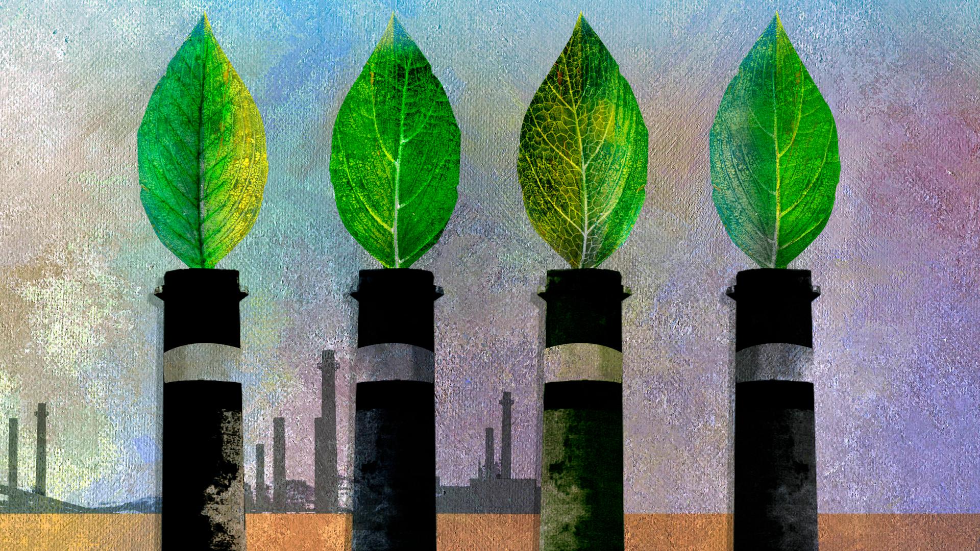 Illustration: Grüne Blätter als Emissionen aus Schornsteinen.