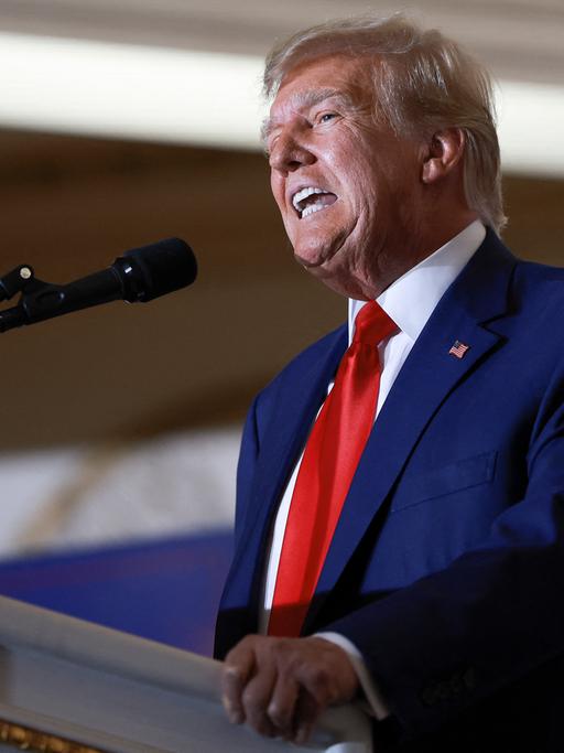 Ein älterer blonder Mann hält eine Rede